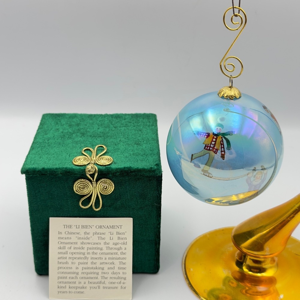Li Bien 2002 Ice Skaters Inside Painted Glass Ornament Iridescent Blue Velvet Bx